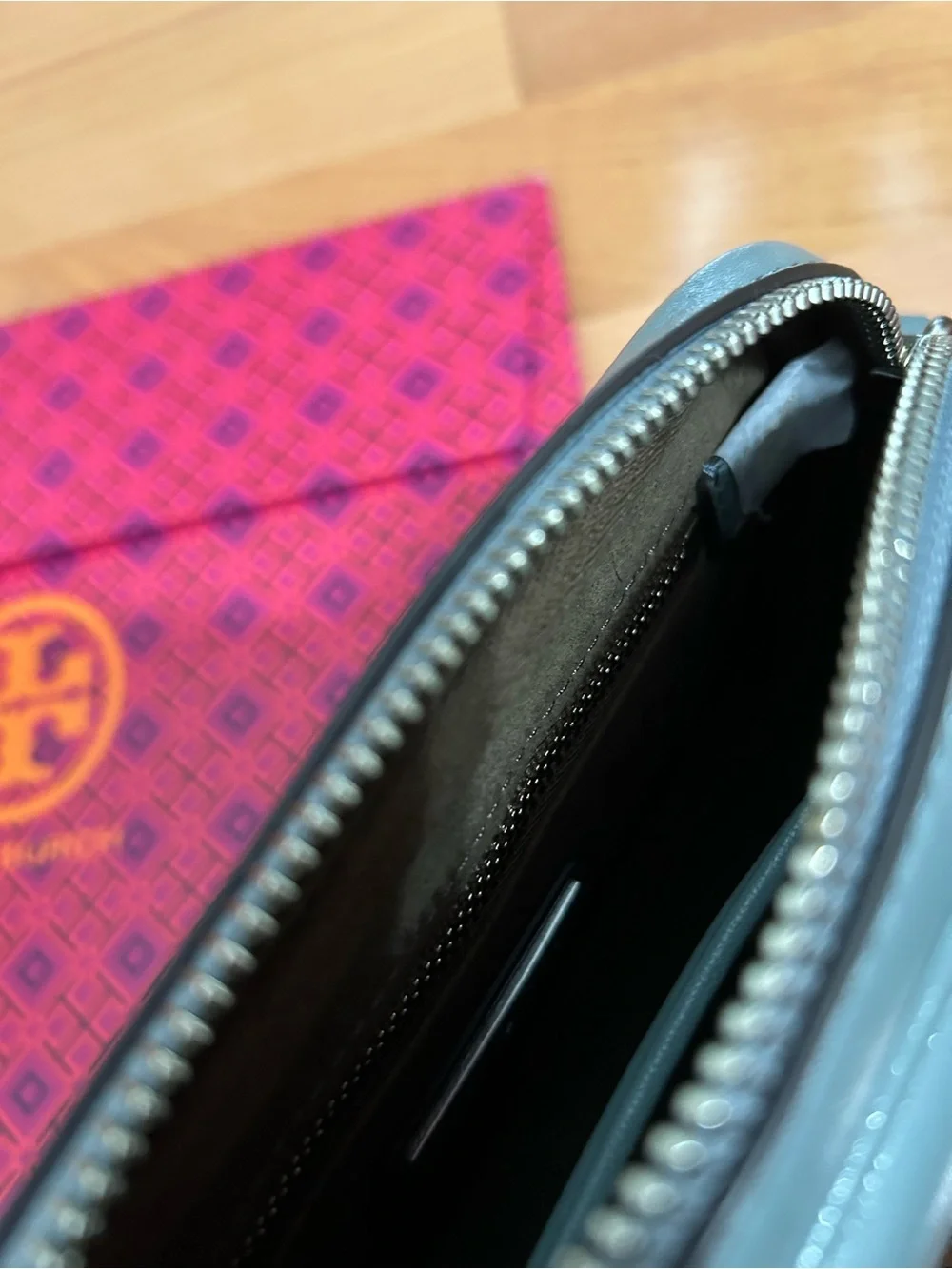 Tory Burch Small Kira Patent leather Camera Bag in Light Arctic (ice blue)